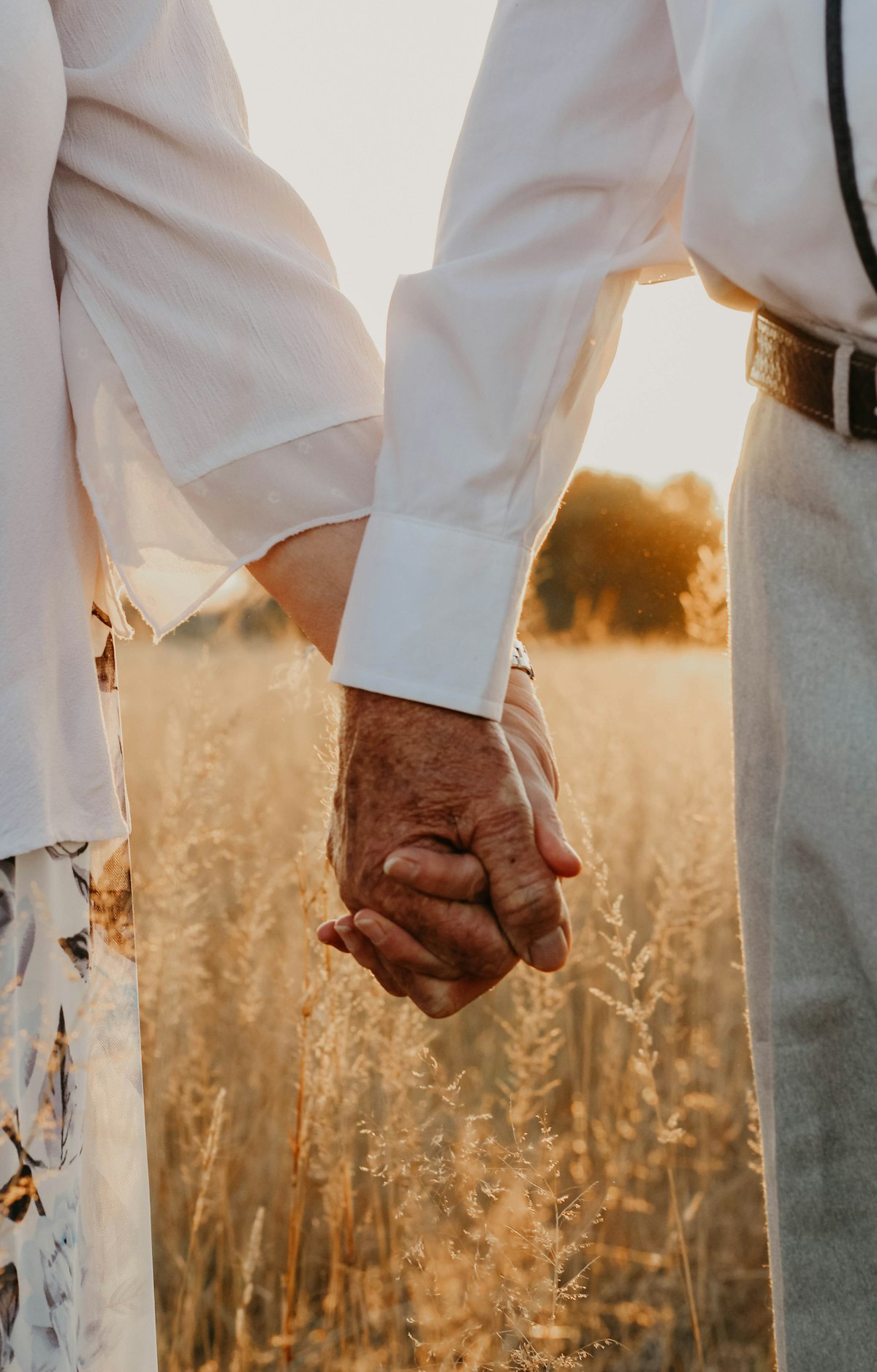 An elderly couple holding hands in a sunlit field at golden hour