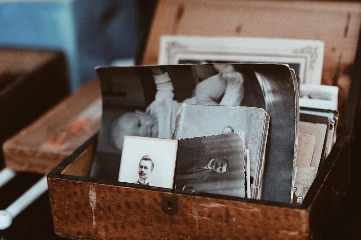 A box of old family photographs, kept safely together